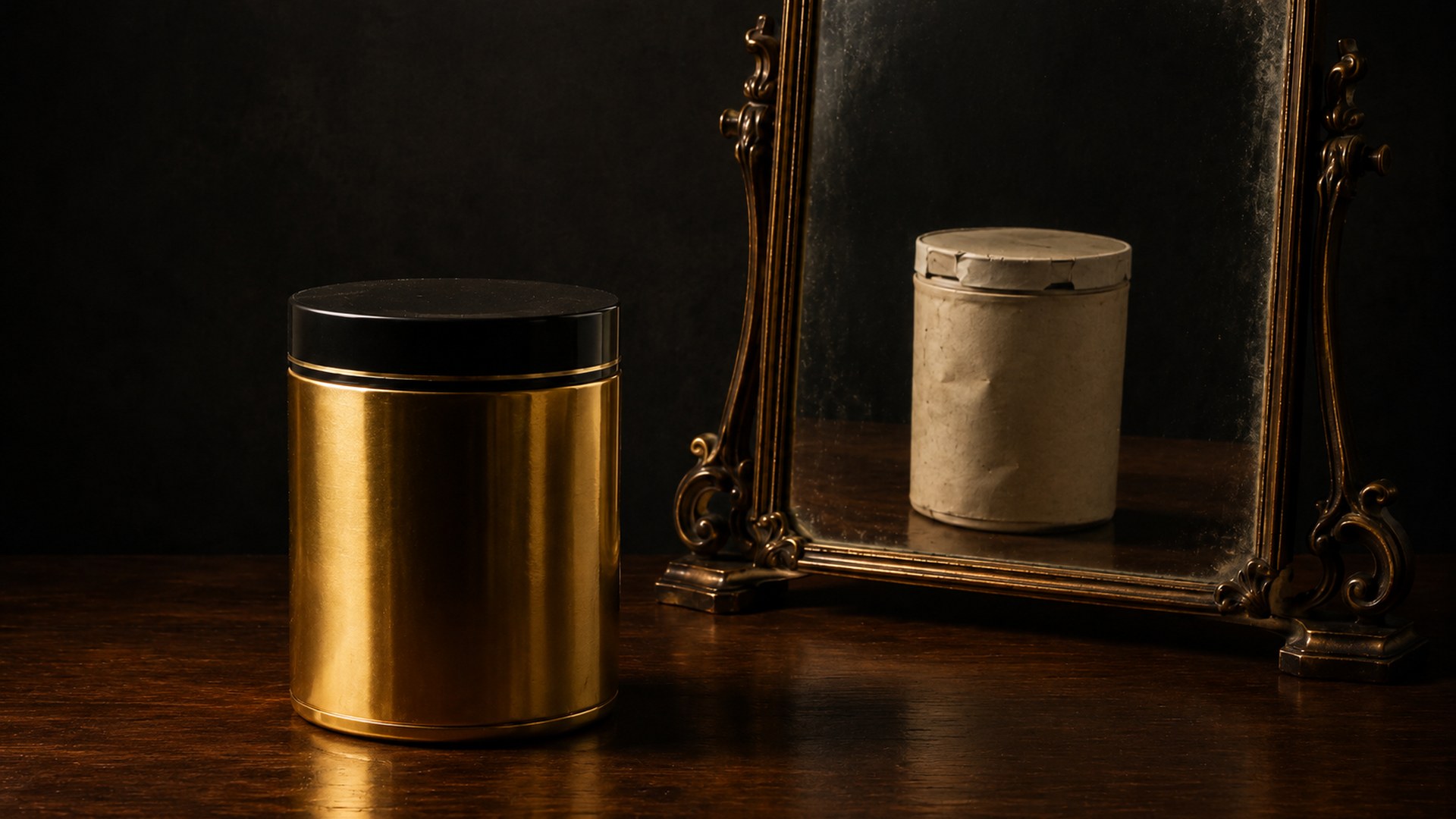 A premium gold supplement tub reflected in an antique mirror as a plain cardboard cylinder, what the marketing shows you versus what it really is