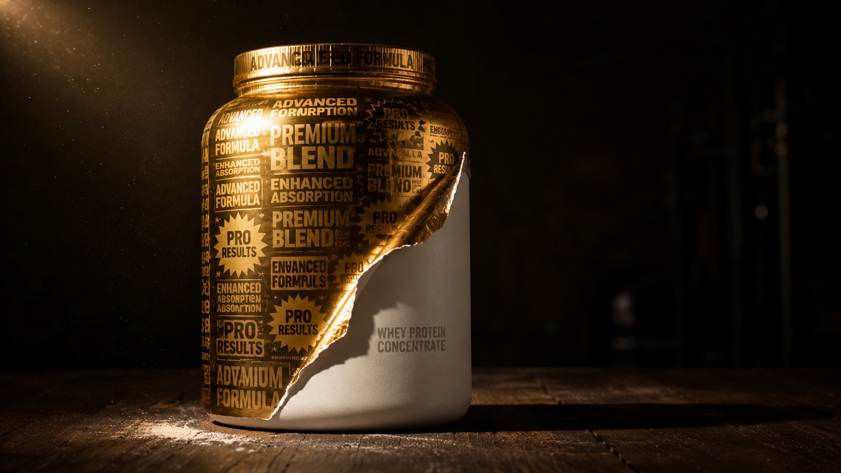 A protein tub wrapped in a glossy gold foil label covered in marketing claims like premium blend and enhanced absorption, peeled back at one corner to reveal a plain matte tub underneath printed simply with whey protein concentrate