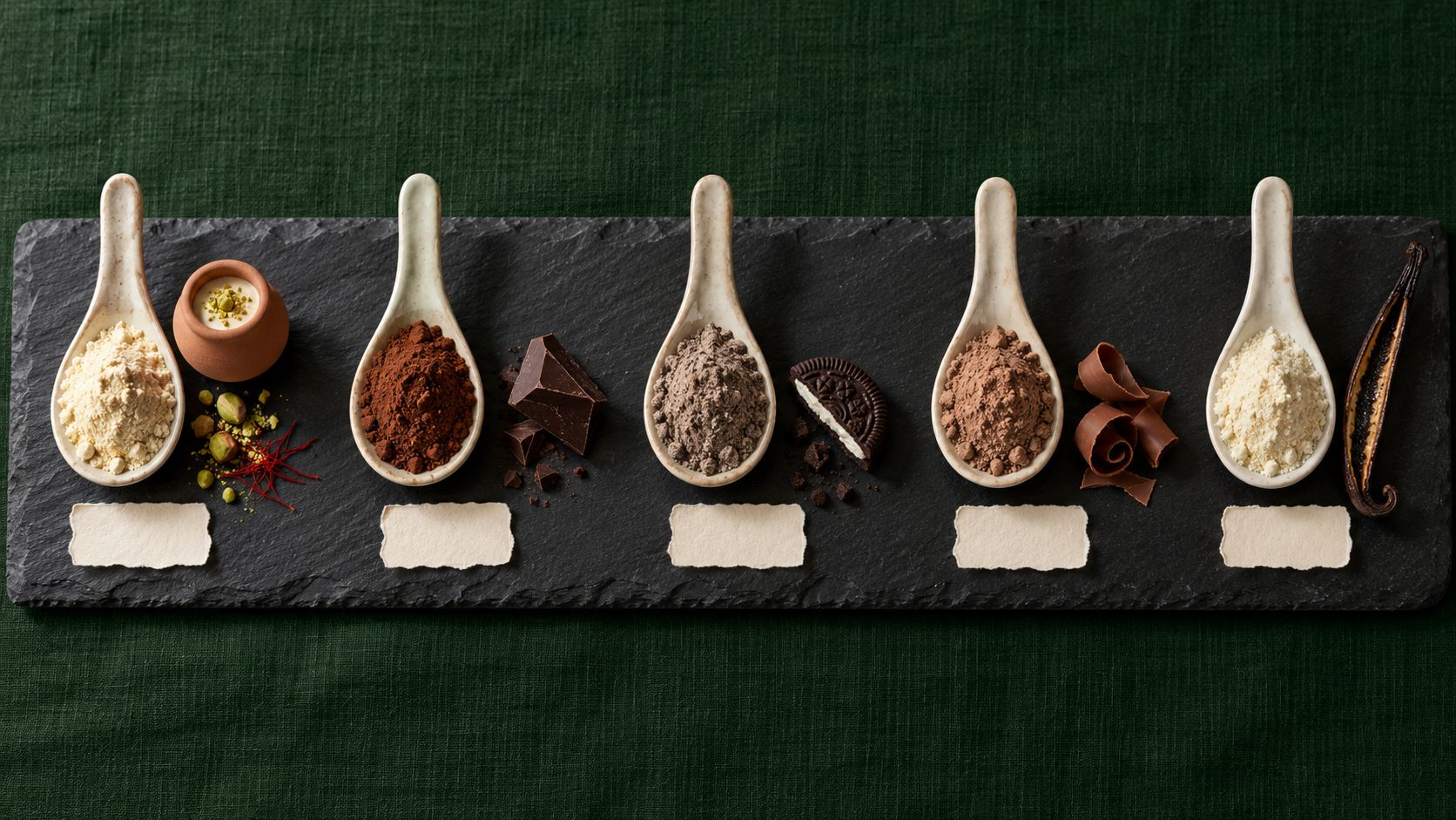 Five ceramic tasting spoons of protein powder on a slate board over green linen, each beside its flavour: a clay kulfi pot with pistachio and saffron, dark chocolate, a cream biscuit, chocolate curls and a vanilla pod