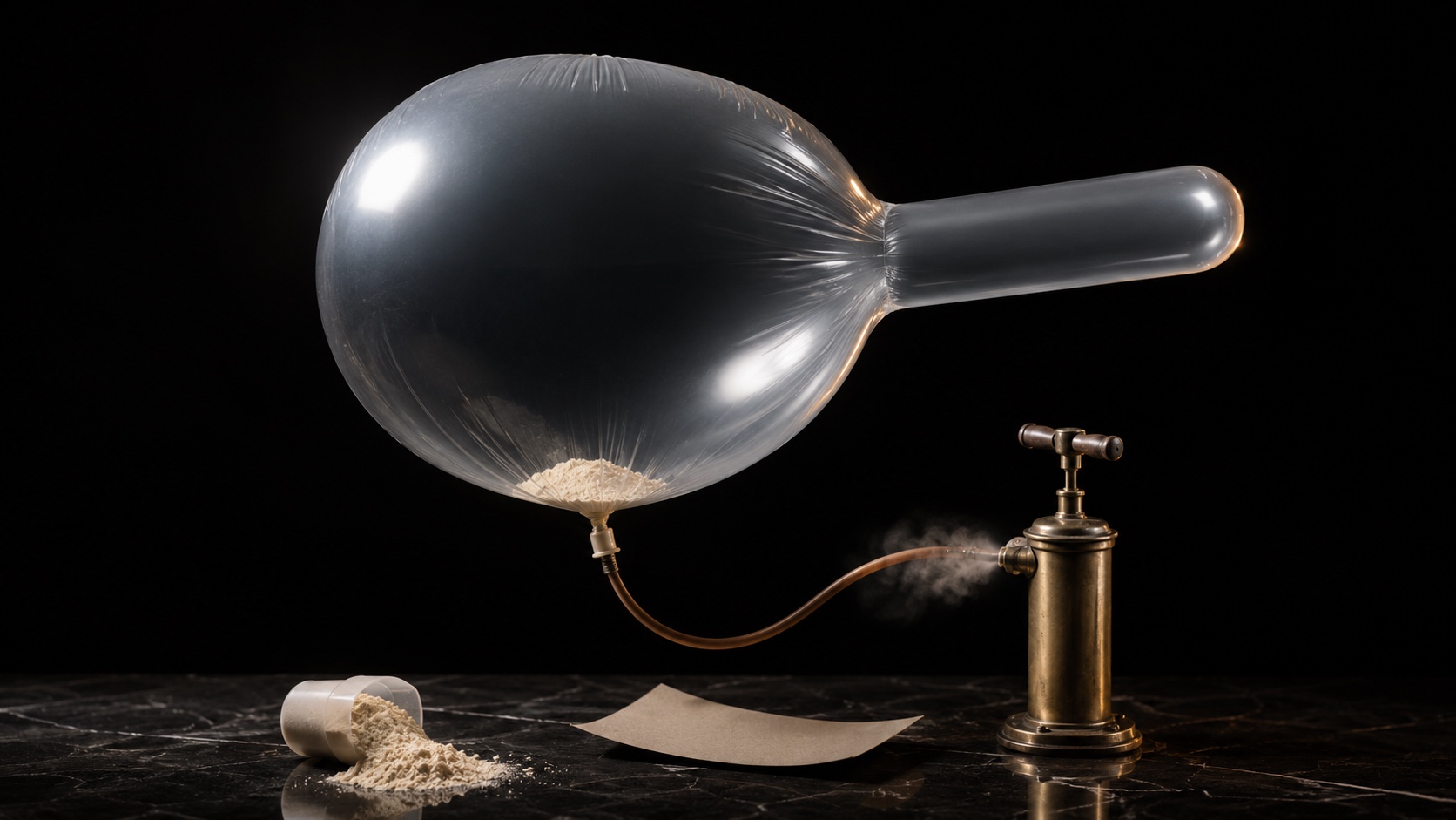 A translucent balloon in the shape of an oversized protein scoop being inflated by a vintage brass hand-pump, with only a tiny amount of actual powder visible inside, and a real fallen scoop spilling cream powder onto a dark marble surface below