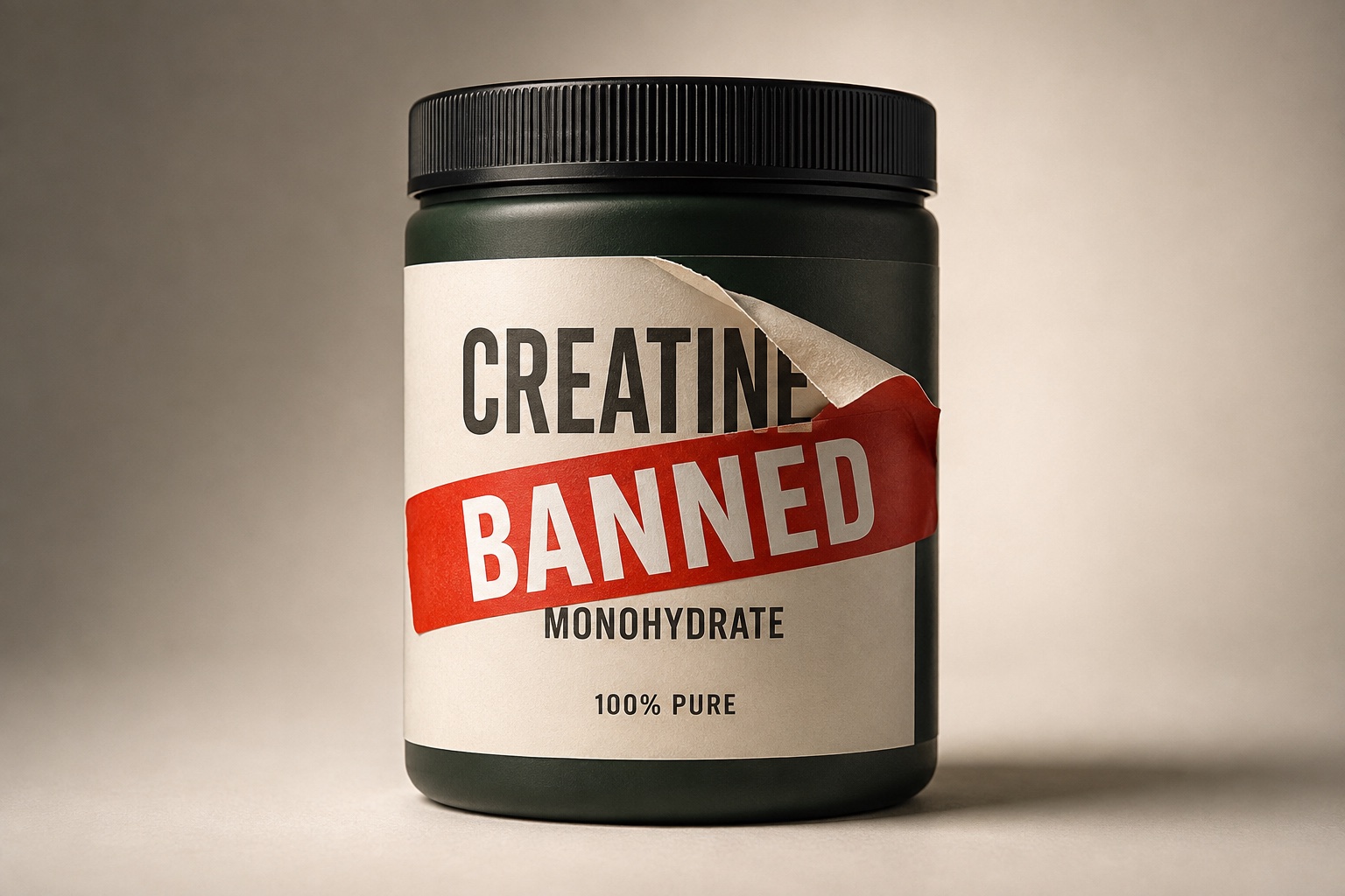 A dark green tub labelled CREATINE MONOHYDRATE with a red BANNED sticker slapped across it, caught mid peel to reveal the ordinary label underneath