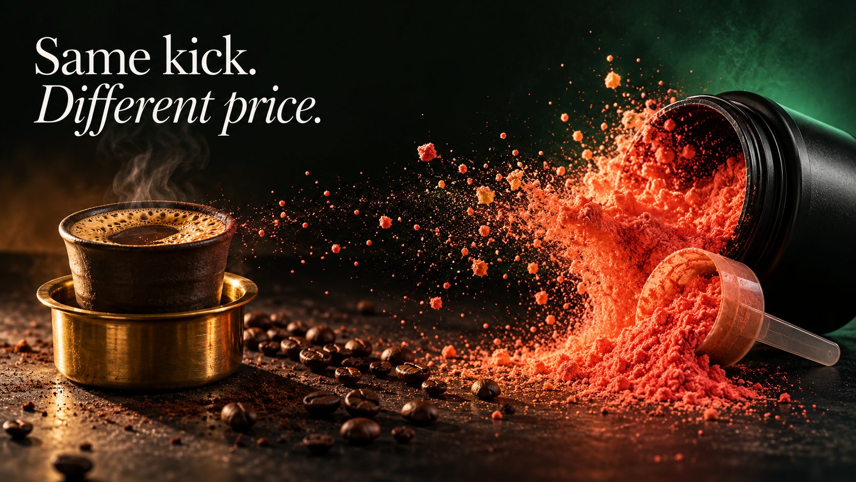 A steaming South Indian filter coffee in a brass tumbler and dabarah beside scattered coffee beans, facing a tipped black tub bursting coral pre workout powder from its scoop, under the line Same kick. Different price.