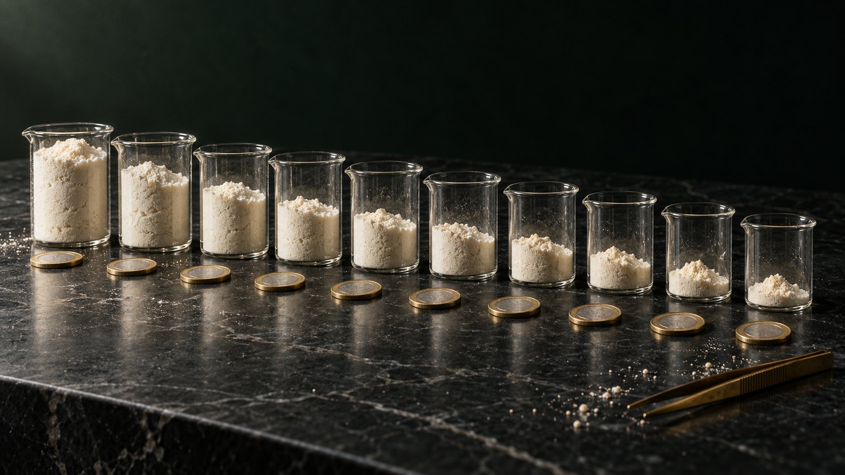 Ten glass beakers in a row on black marble, filled with protein powder in falling amounts from left to right, each with an identical coin in front of it and brass tweezers in the corner