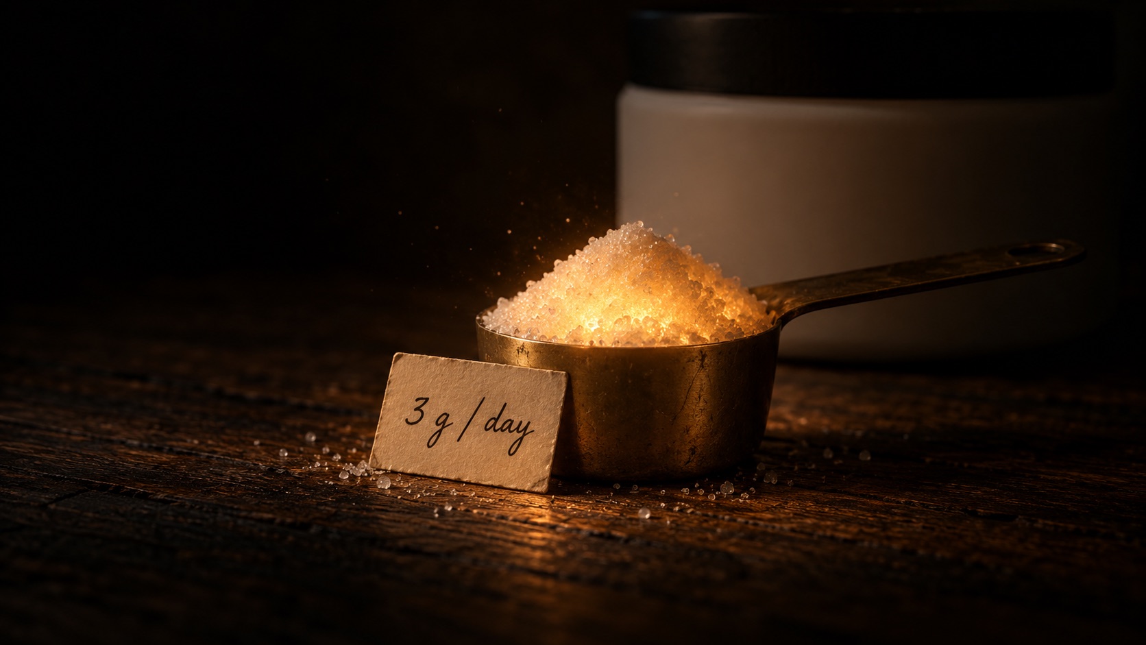 A brass measuring scoop heaped with white creatine crystals that glow warmly from within, lighting the dark wooden table around them, with a hand-written card reading 3 g per day propped against the scoop and a plain unbranded tub behind