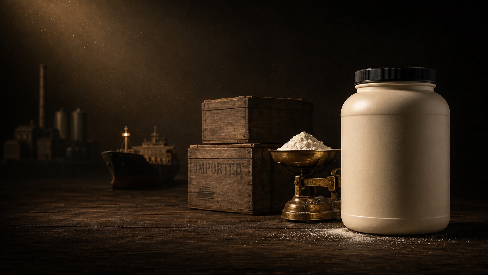 A plain cream tub of protein powder lit on a dark wooden table, with the supply chain behind it receding into shadow: a brass scale holding whey powder, a wooden crate stencilled IMPORTED, a cargo ship, and the silhouette of a dairy plant furthest away