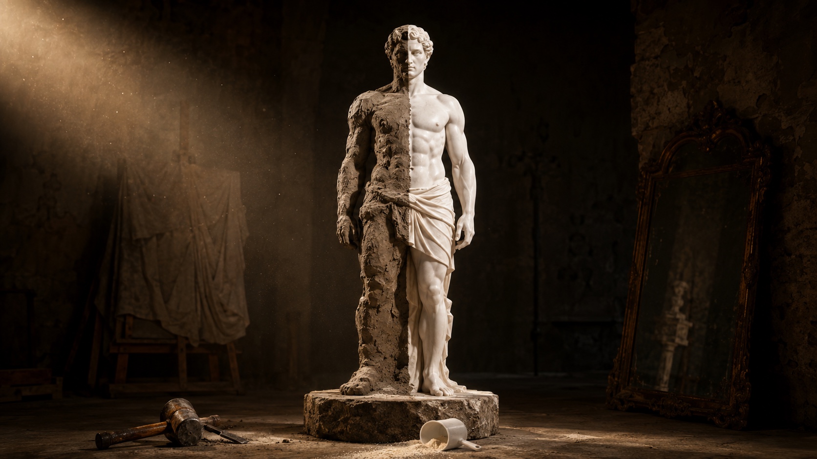 A half-finished classical sculpture of a male athlete, the right side gleaming polished marble and the left side rough unfinished clay, with a fallen protein scoop and spilled powder at the base of the pedestal